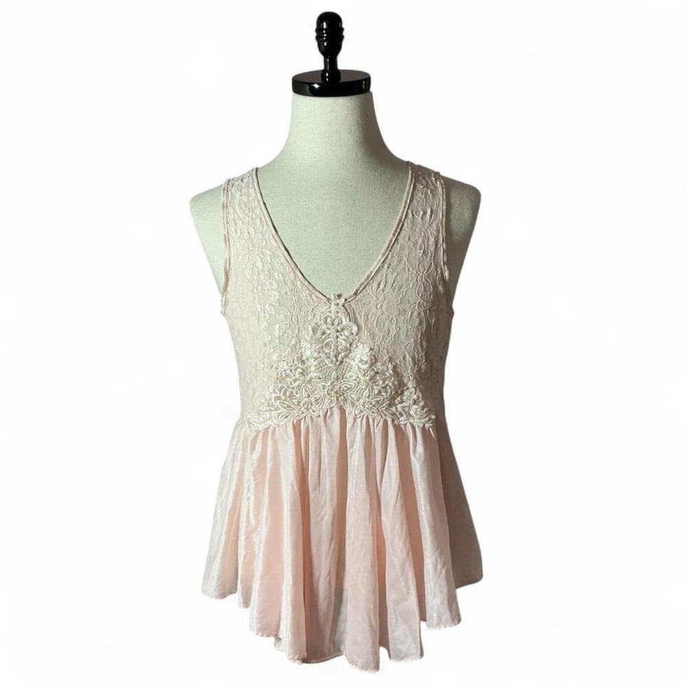 Vintage Lace Peplum Babydoll Camisole Women Large Pink Coquette Pearl Sequin Top